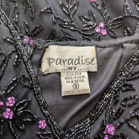 Vintage black floral beaded (100% silk) cocktail semiformal dress (Paradise NYC) - Picture 7 of 13